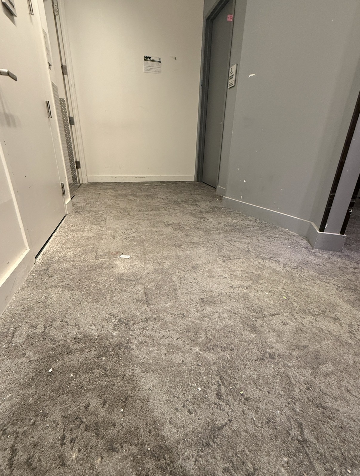 Hallway carpet with construction debris before cleaning